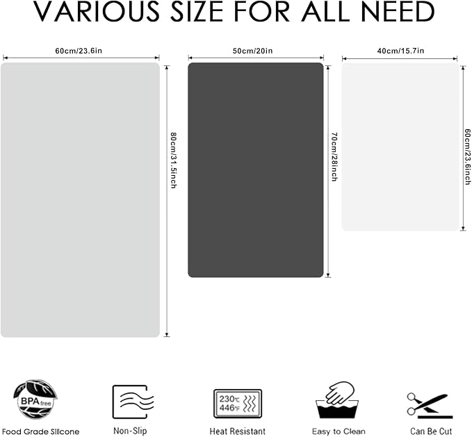 Extra Large Silicone Mat, 31.5x16.9 Inch Heat Resistant Mat for Kitchen Counter, Non-Stick Silicone Baking Mat for Dough and Pastry, Thick Silicone Pad Countertop Protector, Gray