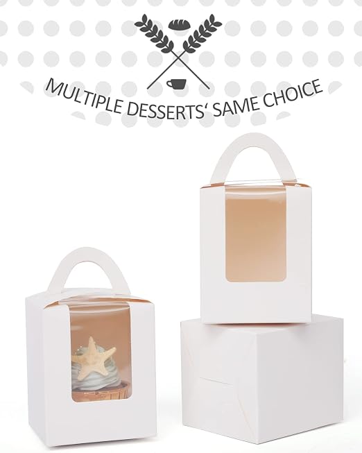 qiqee Auto-pop White Cupcake Boxes Individual Disposable 3.7x3.7x4.5inch 100pcs Cupcake Disposable Single Box with Window