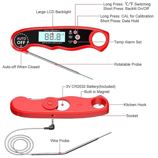 RIWUSI Meat Thermometer Digital, Instant Read Food Thermometer with Dual Probe, Backlight LCD Display, Calibration Function, Kitchen Accessories for BBQ Grill, Gift for Men Birthday, Dad & Mom