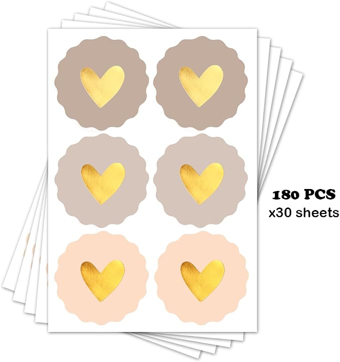2 Inches Cute Heart Stickers 180PCS Circular Love Self-Adhesive Decor Sticker Wavy Edge Gold Foil Sealing Labels for Box Bag Handmade Packaging Gift Wrapping Envelope Valentine's Day Mother's Day