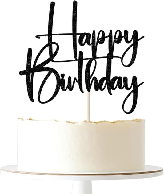 Happy Birthday Cake Topper,black Glitter Cake Pick Bunting Decor for Anniversary Birthday Party Cake Decorations Supplies