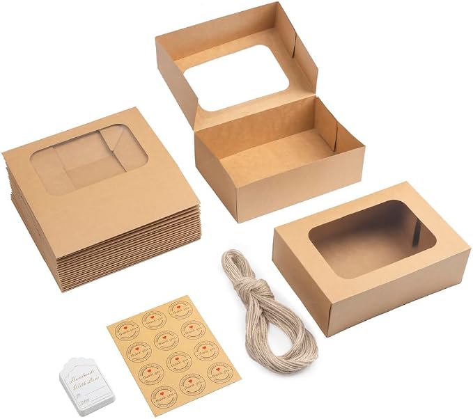 YEKTFS 24 Pcs Cookie Boxes with Window for Paper Gift Giving Brown Bakery Gift Boxes 9 x 6.3 x 3 Inch, Easy Estate Holiday Packaging for Cookie, Cupcaked, Donuts & Pastries