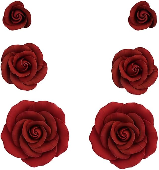 O'Creme Deep Red Rose Gumpaste Flower - for Cake Decorating - Sugar Paste Decorations for Cakes, Cupcake Toppers - Birthday, Wedding, Valentines, Baby Shower - Set of 6-3 Different Sizes