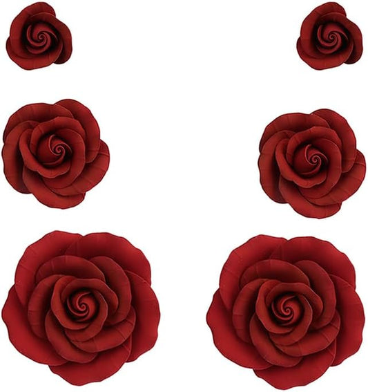 O'Creme Deep Red Rose Gumpaste Flower - for Cake Decorating - Sugar Paste Decorations for Cakes, Cupcake Toppers - Birthday, Wedding, Valentines, Baby Shower - Set of 6-3 Different Sizes