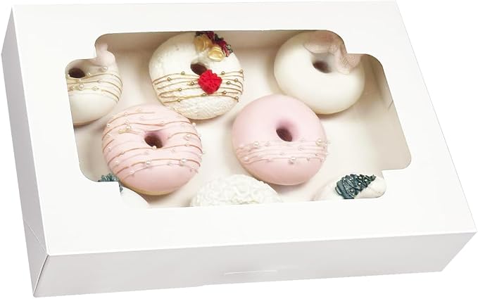 qiqee Auto-pop up 12x8x2.5 inch White Cookie Box with Window 15 Packs Two Uses One Second Folding Pastry Biscuit Bakery Box for Packaging