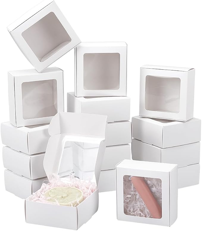 BENECREAT 30pcs Square White Paper Boxes, Gift Boxes with Clear PVC Window for Wedding Gift, Chocolates, Cookies and Other Small Crafts, 3.6x3.6x1.57 Inch