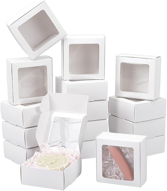 BENECREAT 30pcs Square White Paper Boxes, Gift Boxes with Clear PVC Window for Wedding Gift, Chocolates, Cookies and Other Small Crafts, 3.6x3.6x1.57 Inch