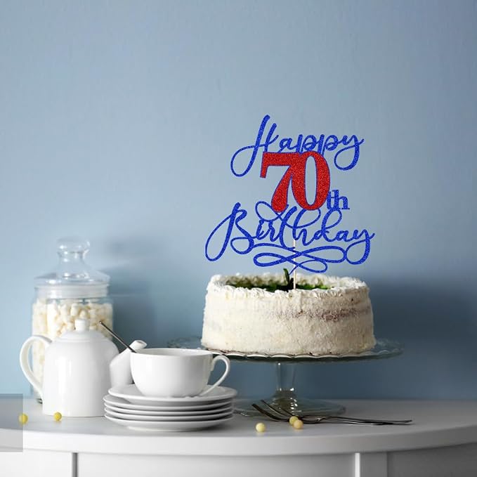 Happy 70th Birthday Cake Topper,Deep blue font red Numbers 70th Birthday Cake Decoration,Hello 70, Cheers to 70 Years/70th Anniversary,70& Fabulous Party Decoration