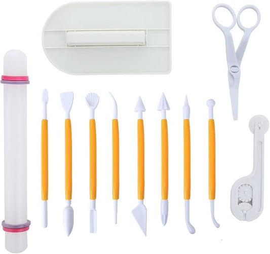 ScivoKaval Marshmallow Fondant Cake Decorating Hand Tool 12 Pcs 5 Sets Sugar craft Gum paste Icing Smoother Rolling Pin Trimmer Cutter Embosser Flower Scissor Modelling Accessories Supplies Kit Yellow