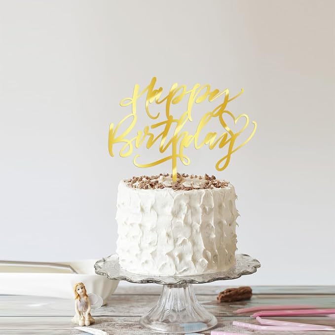 Happy Birthday Cake Topper, Gold Mirror Acrylic Cake Decorations | Cake Sign Decorations, For Boy Girl Children or Adults, Birthday Party Decoration Ideas, Anniversary/Birthday Party Supplies