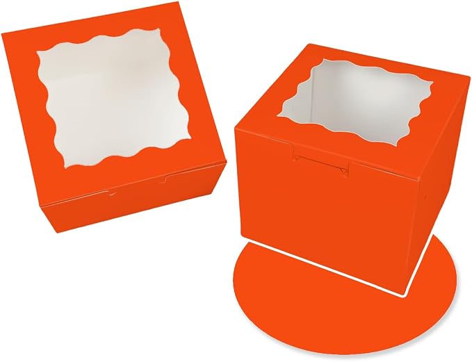 Bakepacker 36pcs 6x6x5 Inches Cake Boxes with Window 18-Packs Orange 6 Inch Bakery Boxes (18 Cake Boxes +18 Cake Boards Included)