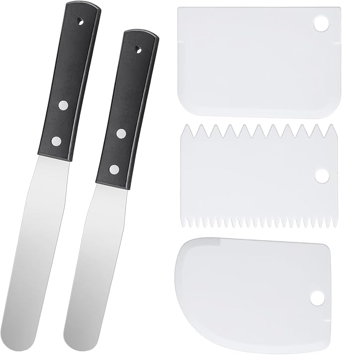 2 Offset Spatula and 3 Icing Smoother Scrapers Set Thickened Frosting Knife Stainless Steel Cake Decorating Kit Baking Accessories