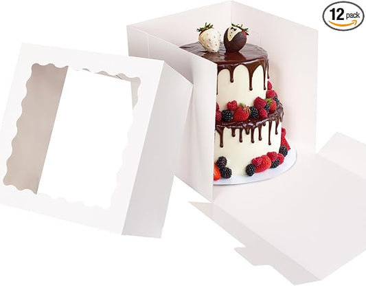 Moretoes 12 Pack Cake Boxes, 12x12x12 Inch Cake Box with Window for Tier Cakes, Sturdy Tall Cake Carrier with Lids, Disposable Containers for Valentine's Day, Mother's Day, Wedding, Birthday, Party