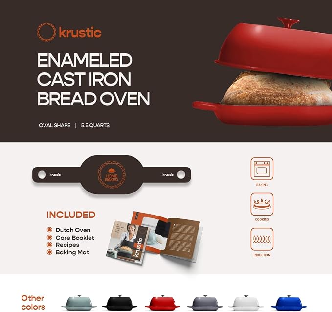Krustic Enameled Cast Iron Dutch Oven for Professional Sourdough Bread Baking | 5.5 Quart Loaf Size Oval Cookware Pot with Lid | Triple-Layer Enamel Coating Pan with Non Stick Silicone Mat |Red