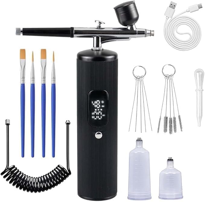 48PSI High-Pressure Airbrush Kit with Compressor, 0.3mm Nozzle & 4000mAh Battery - Handheld Portable Spray Gun for Nail Art, Makeup, Painting, Graffiti, Cake Decorating,Model Coloring (Black)