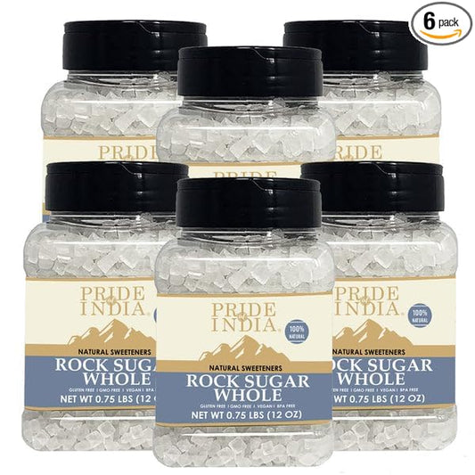 Pack of 6 - Pride Of India - Natural Crystal Rock Sugar Whole - 12 oz (340 gm) Medium Dual Sifter Jar - Authentic Indian Sugar Crystals - Used to Sweeten Milk or Tea - Offers Best Value for Money