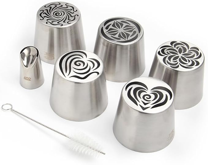 5 Pieces Stainless Steel XXL Russian Icing Nozzle Kit with 1 Ruffle Tip & 1 Clean Brush,Cake Decorating Frosting Piping Tip,Pastry Baking Tools