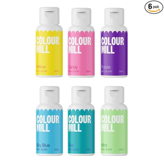 Colour Mill Oil Blend Food Coloring, Pool-Party Pack - 20 Milliliters Each of 6 Colors: Candy, Mint, Purple, Sky Blue, Teal and Yellow