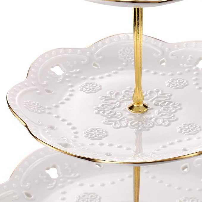 3-Tier Porcelain Embossed Cupcake Stand - Pure White Rimmed with Gold Dessert Cake Stand - Pastry Serving Tray Platter for Tea Party, Wedding and Birthday