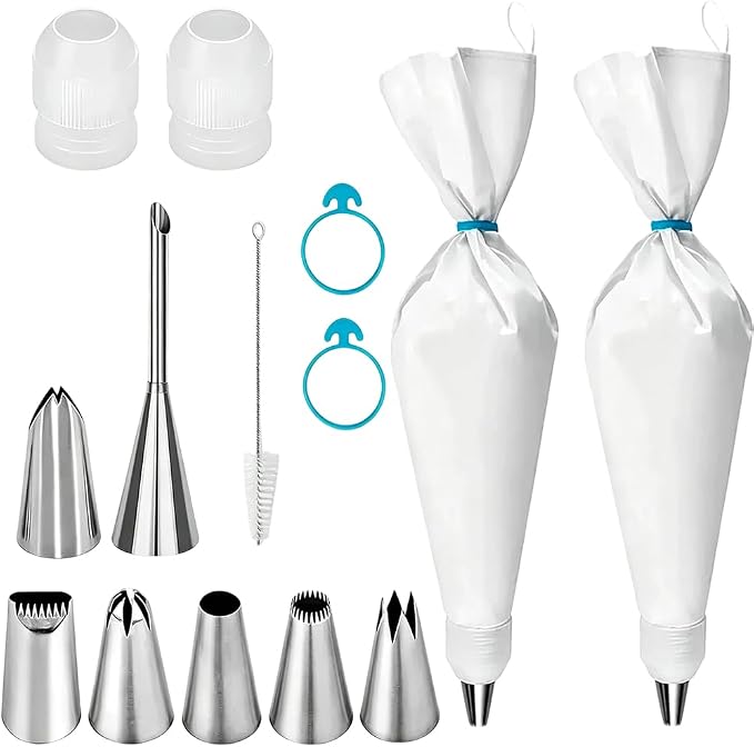 Piping Bags and Tips Set, 14Pcs Cake Decorating Kit with 16 inch Reusable Cotton Pastry Bags, Medium Icing Tips, 2 Couplers, 2 Icing Bags Ties, and Clean Brush