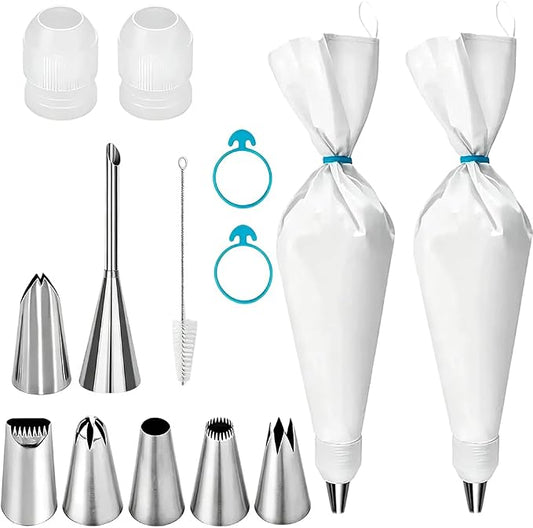 Piping Bags and Tips Set, 14Pcs Cake Decorating Kit with 16 inch Reusable Cotton Pastry Bags, Medium Icing Tips, 2 Couplers, 2 Icing Bags Ties, and Clean Brush