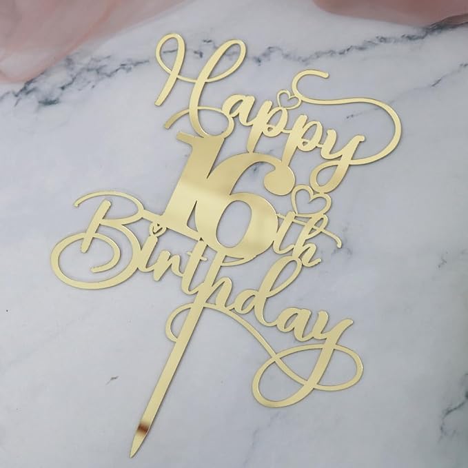 Happy 16th Birthday Cake Topper，Mirrored Gold Acrylic Birthday Topper for Cheers to 16 Years Birthday/Anniversary Party Decoration Ideas, Perfect Keepsake for your family and friends(16th)