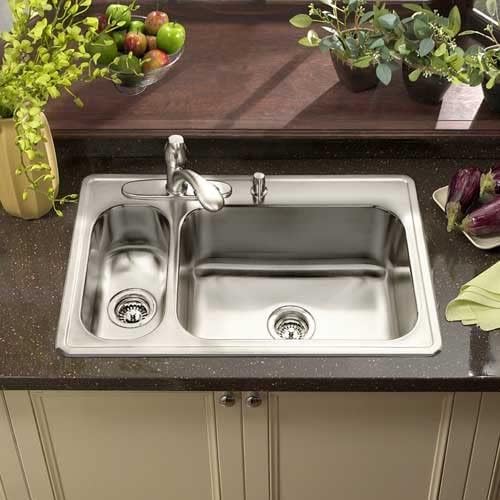 Houzer Legend Stainless Steel Kitchen Sink: 32 Inch Drop-in Topmount 4-Hole 50/50 Double Bowl Corner Kitchen Sink with Strainer, Durable & Versatile, Essential for Home & Apartment: LCR-3221-1