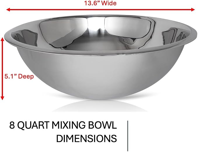 WHYSKO® Large Mixing Bowls, Set of 3 Stainless Steel 8 Quart Bowls for Restaurants, Food Service, Caterers and Home Kitchen Use, Rust Proof Bowls Great for Meal Prep, Baking, Serving, Food Storage
