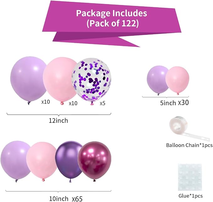 Purple Pink Balloon Garland Arch Kit, Pink and Purple Balloons Red Metallic Confetti Balloons for Birthday Bridal Baby Shower Graduation Retirement Christmas Wedding Party Decorations