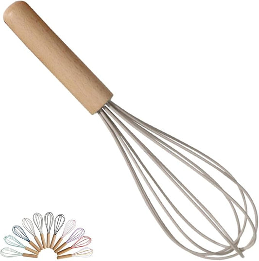1-Piece Khaki Silicone Whisk with Wooden Handle BRIIEC 10-inch Non Stick Balloon Whisk Egg Beater for Pancake Batter, Eggs and Egg Whites, Cake Mix, Blending, Gravy and Sauces