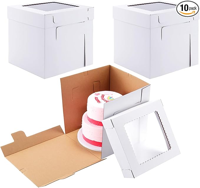 Tall Cake Boxes for Tier Cakes,12x12x12 Inch [10 Pack ] Thick Sturdy Bakery Box with Window,White Wedding Cake Boxes,Layer Cake Carrier,Disposable Cake Containers