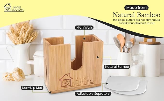 Bamboo Bagel Slicer w/Two Plastic Inserts & Non-Slip Silicone Pad - Adjustable Cutter Holder for Small & Large Bagels - Moisture Resistant & Thick Base