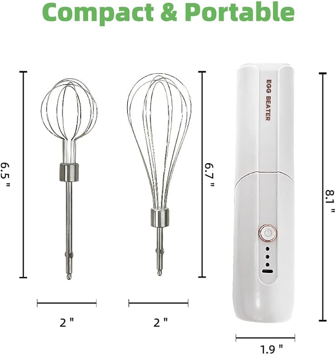 Cordless Hand Mixer, Foldable Design Handheld Electric Whisk with 3 Speed Modes, Hand Held Egg Beater with 2 Detachable Stir Whisks (White)