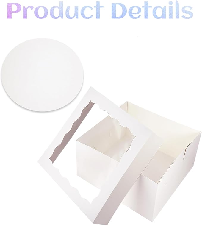 qiqee White 10x10x8 Cake Box, 4 Sets Cake Box with Window ＆ 4 Sets 10" Cake Round Boards, 10inch Cake Containers, 10 Meters Pink Silk Ribbon Includes