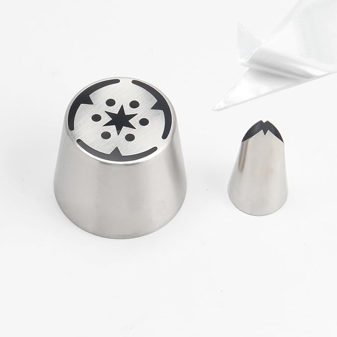6-Piece Extra Large Russian Flower Piping Nozzles, Stainless Steel Rose Tulip Piping Tips for Cake Decorating, Includes 1 Extra Large Nozzle, 1 Leaf Nozzle, 4 Piping Bags, Dessert Baking Tool
