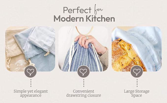 Reusable Bread Bags with Drawstring | XL Pack of 3 | Eco-Friendly Washable Linen Bread Bag & Spacious Sourdough Bread Storage | Bread Bags Reusable Keeps Your Loaf Fresh | Flower Design