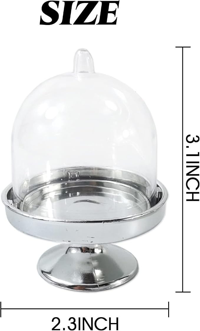 TIHOOD 12PCS Mini Cupcake Stand, Tiny Cake Dome with Clear Plastic For Chocolate, Cheese, Coconut Macaroons, Rum Balls, Candies & More! (Silver)