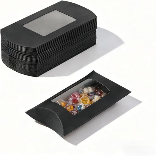 ZAJINJABD 50 Pcs Kraft Pillow Gift Boxes with Clear Windows, Sturdy Mini Folding Treat Boxes for Candy, Bakery, Chocolate, Jewelry, Wedding Party Favors