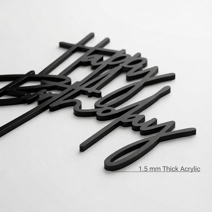 Happy Birthday Cake Topper – Black Acrylic Birthday Cake Decoration, Modern Script Reusable Cake Pick for Adult Birthday Party, 7.2 Inch