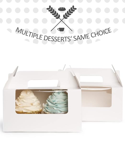 qiqee 100 Packs Cupcake Box Two Holder 6.5x3.6x3.5inch(2.2" Top) White 2 Cupcake Boxes With Window（100 Boxes+100 Inserts）