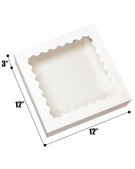 Bakepacker 10pcs White Pie Boxes 12x12x3 inches Easy Assemble Macaroon Cookie Boxes Bakery Boxes with Window for Bakery (Auto-pop Up)