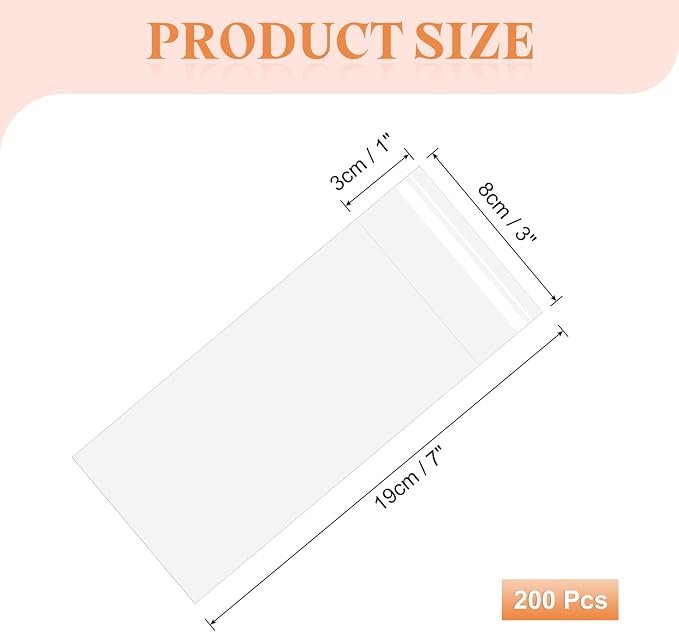 uxcell 200Pcs Self-Sealing Cello Bags, 3x7 Inch Long Clear Flap Resealable Poly Bags, OPP Adhesive Treat Bag 2 Mil for Bread Pretzel, Gift Packaging, Tableware, Necklaces Crafts