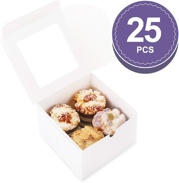 25 White Bakery Boxes with Window 5x5x3.5 Inches, Dessert Boxes to Go with Window, Treat Boxes for Small Bakery, Dessert, Candy, Cookies, Pastry, Party Favors, Wedding Cake