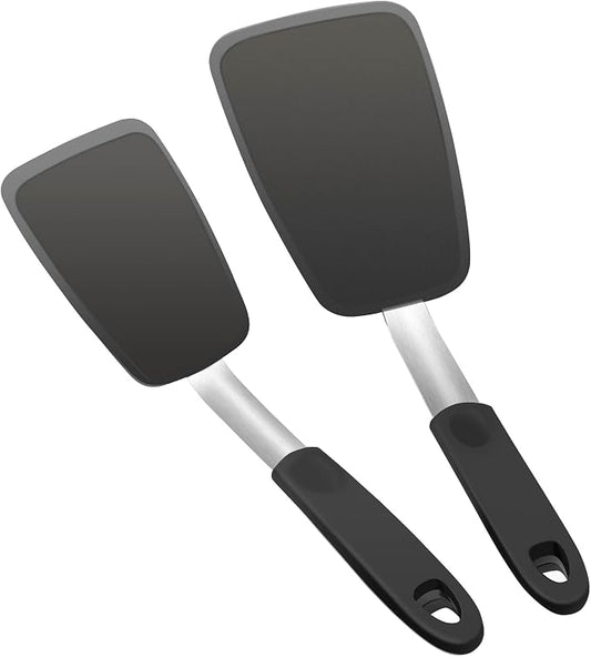 2 Pack Flexible Silicone Spatula Turner, Non Scratch Cookware Safe Cooking | Mepple 600°F High Heat Resistant Rubber Non-Stick Spatula, Ideal for Eggs, Burgers, Crepes, Fish Flipping and More,Black