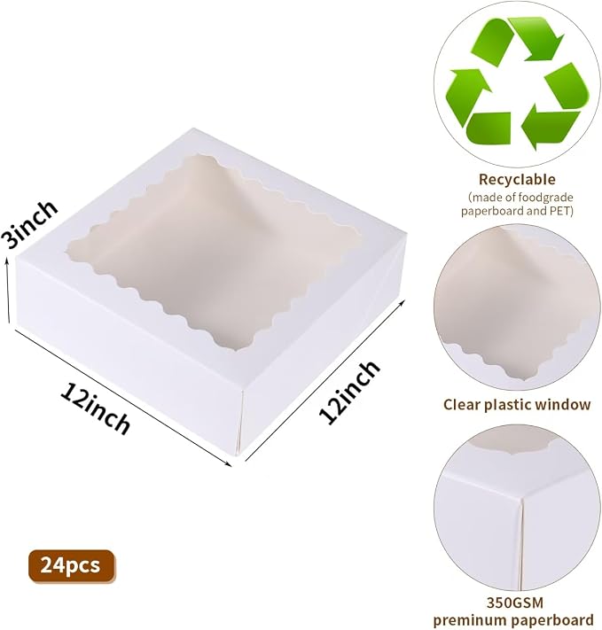 24 pcs White Pie Boxes,12x12x3 Inch Auto-Popup Bakery Boxes with Window Donuts Chocolate Muffins Donuts Pastry Dessert Cookie Box For Packaging