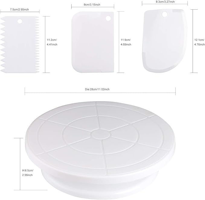 Cake Decorating Turntable,Cake Decorating Supplies With Decorating Comb/Icing Smoother(3pcs),2 Icing Spatula With Sided & Angled … (White/1pcs)