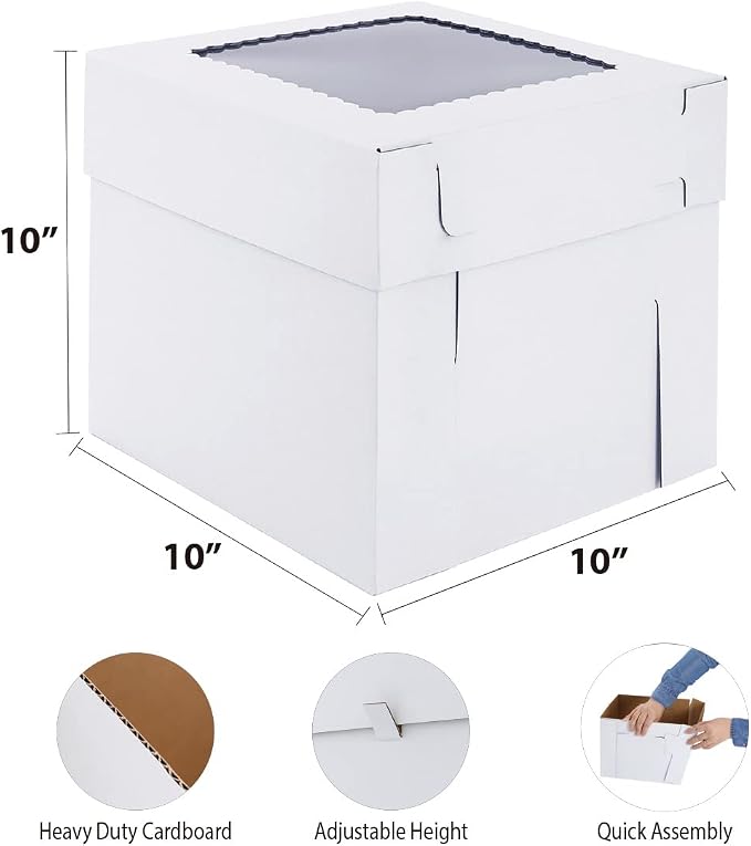 Tall Cake Boxes for Tier Cakes,10x10x10 Inch [10Pack ] Thick Sturdy Bakery Box with Window,White Cake Carrier, Disposable Cake Containers,Birthday Cake Boxes