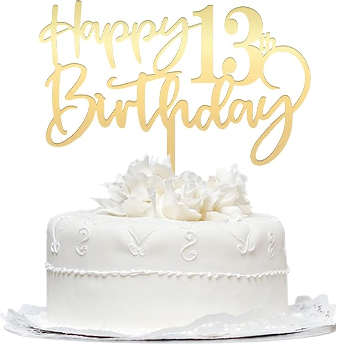 Happy 13 th birthday cake Topper,Mirrored Gold Acrylic Durable Cake Topper,13th Birthday Party Cake Decorations, Hello 13th years old, Happy thirteen years old, Birthday Party Decorations