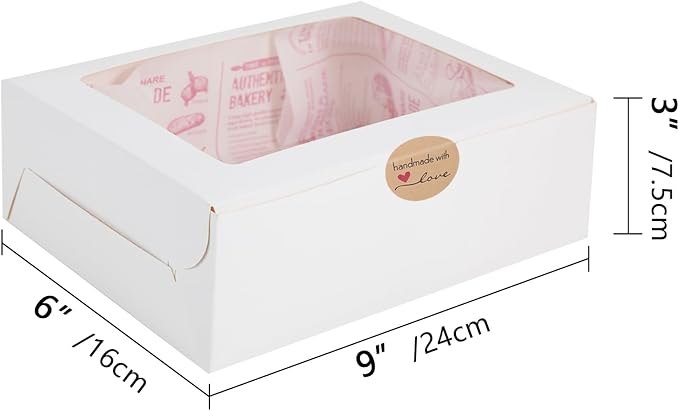 White Bakery Boxes with Window, 9x6x3 Inch, for Pastry, Dessert, Pies Packaging, Great for Birthday Party, 30 Pack