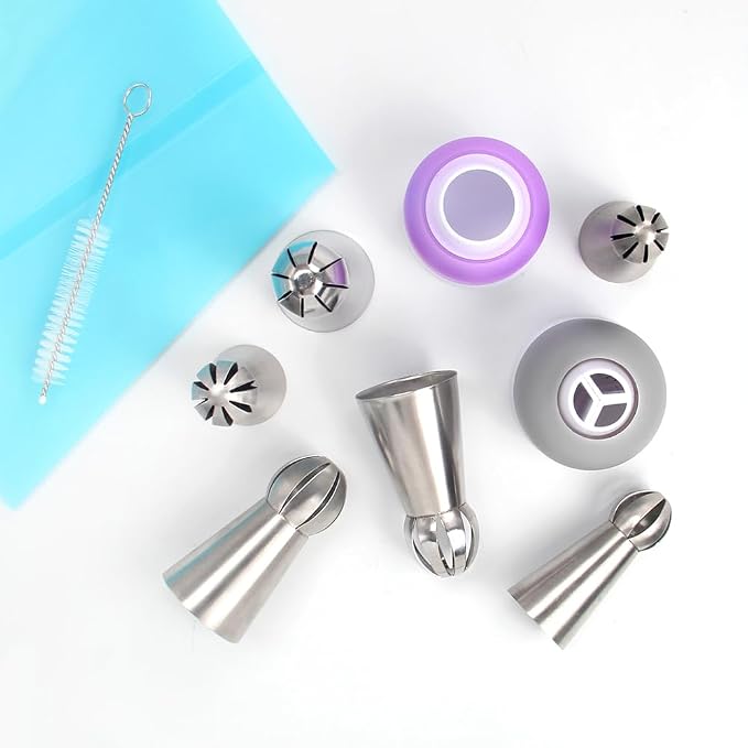 10 Pieces Stainless Steel Russian Twist Flower Icing Tips Set, 3 Big Ball Piping Tips,3 Small Ball Piping Tips,1 Pastry Bags,1 Cleaning Brush,2 Plastic Couplers,Cake Decorating Piping Tips Set